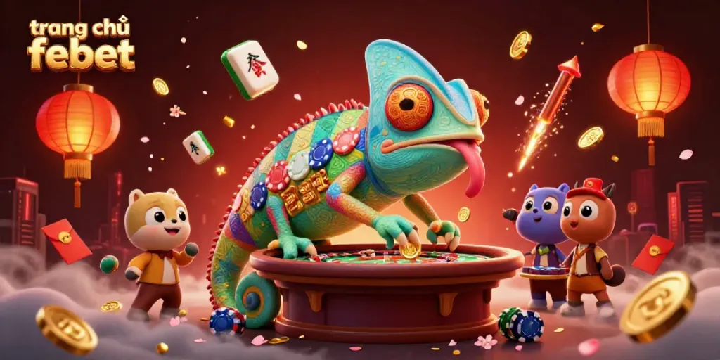 Experience the excitement of trang chủ febet with a vibrant casino-themed illustration featuring a dynamic chameleon owner and festive elements.