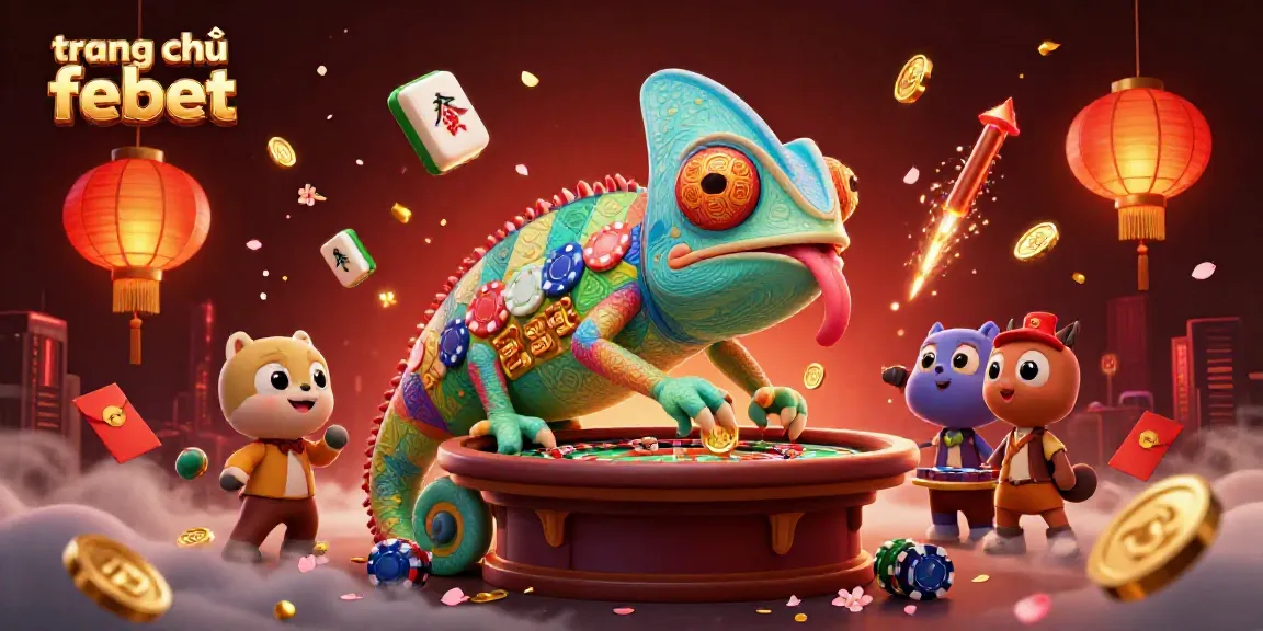 Experience the excitement of trang chủ febet with a vibrant casino-themed illustration featuring a dynamic chameleon owner and festive elements.