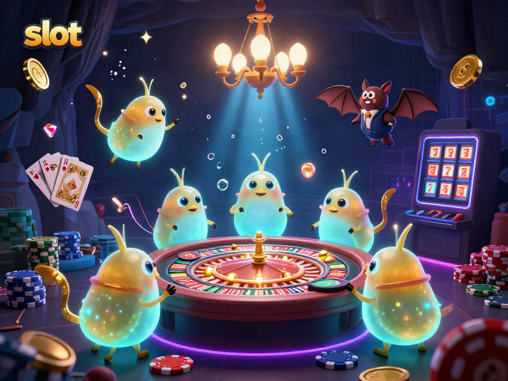 Spin the slot reels with vibrant glowworms lighting up a cave casino scene packed with gaming excitement.