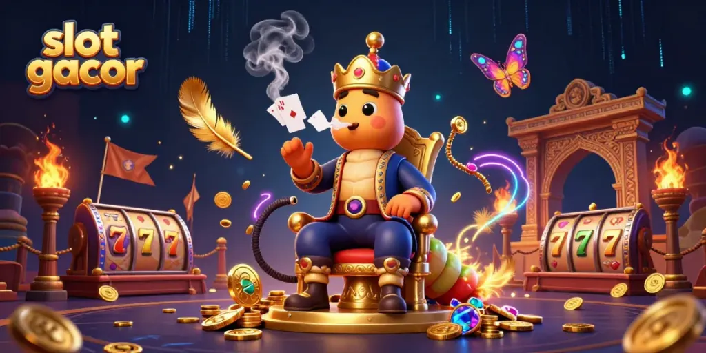 Engage in slot gacor with dynamic characters and casino elements in a vibrant 3D illustration.