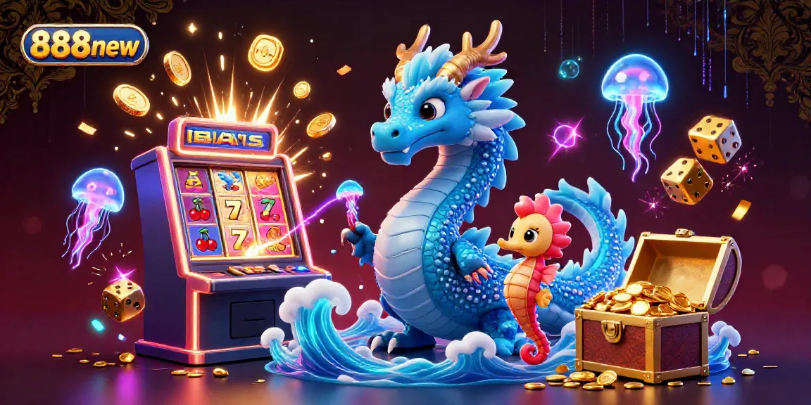 Experience the excitement of 888new with a vibrant scene of a water dragon, seahorse knight, and jellyfish celebrating casino wins.