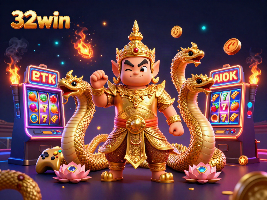 Spin to win at 32win with dynamic slot machines and vibrant casino elements illustrated.