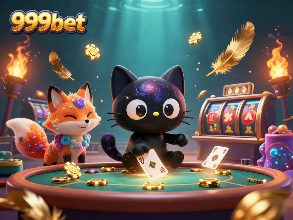 Experience the excitement of winning at 999bet with a playful cosmic casino scene featuring a black hole cat and a nebula fox.