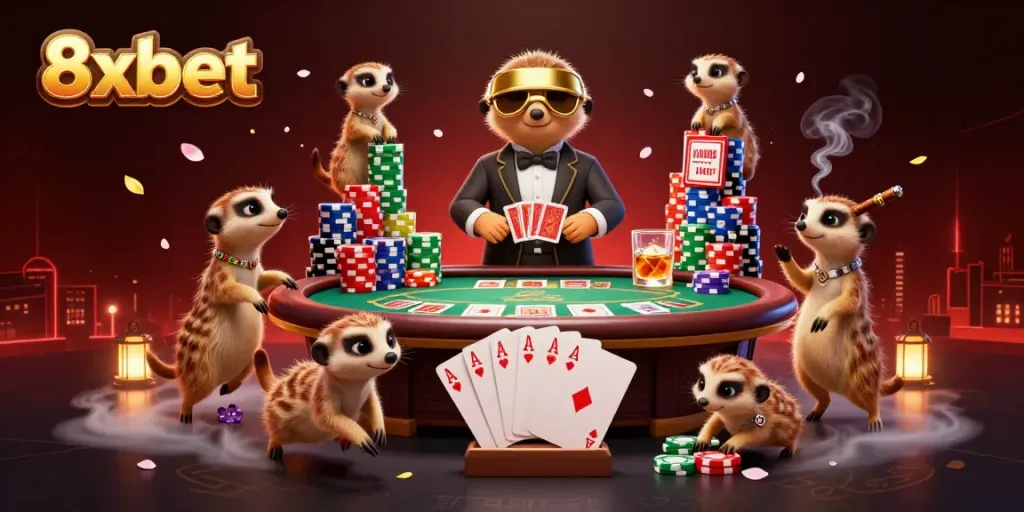 Experience thrilling gameplay at 8xbet with an energetic meerkat casino scene featuring poker elements.