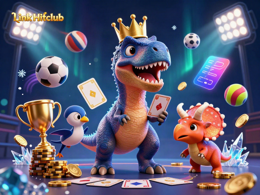 Engage in thrilling gameplay at Link Hitclub with friendly T-Rex, pterodactyl, and triceratops in a vibrant casino scene.