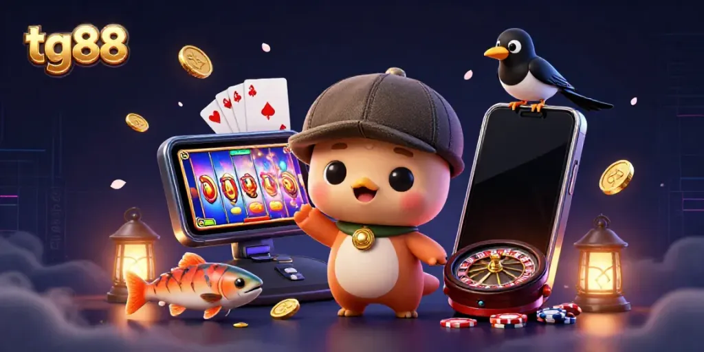 Experience exciting wins with tg88 in this vibrant 3D casino scene featuring playful characters and dynamic game elements.
