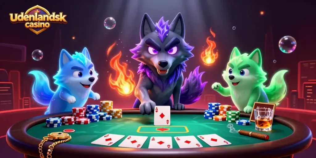 Experience excitement at a udenlandsk casino with ghostly wolves playing poker in an immersive scene.