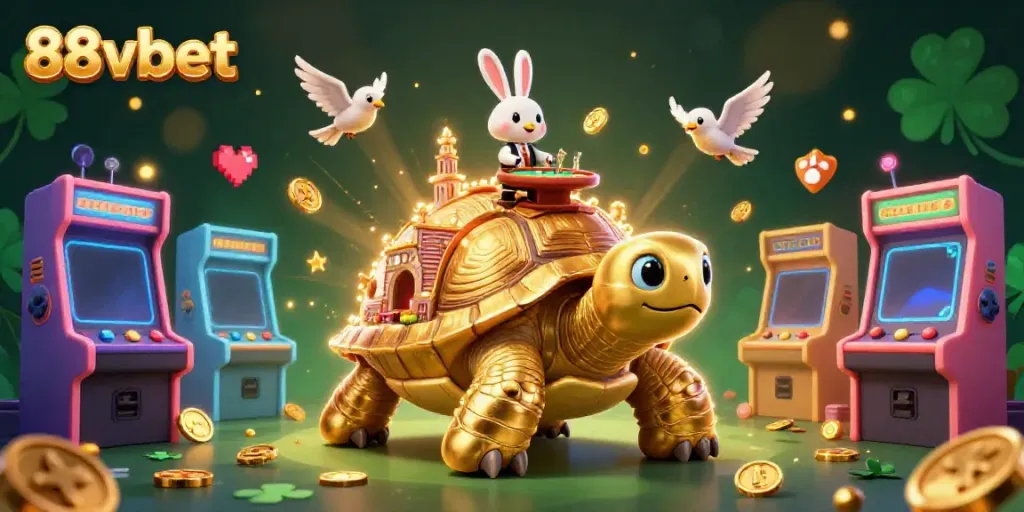 Join the fun at 88vbet with a lively 3D casino scene featuring a golden tortoise and engaging game elements.