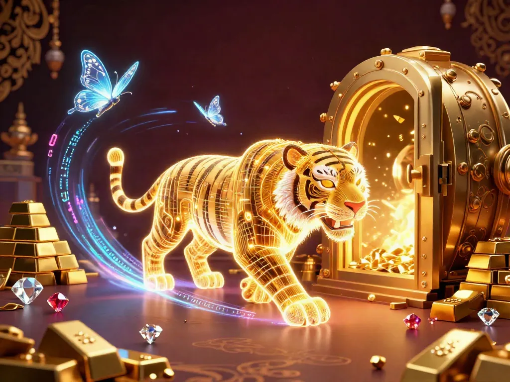 Xoilactv's top-notch streaming scene with a glowing tiger navigating a prosperous digital casino, surrounded by gold and jewels.