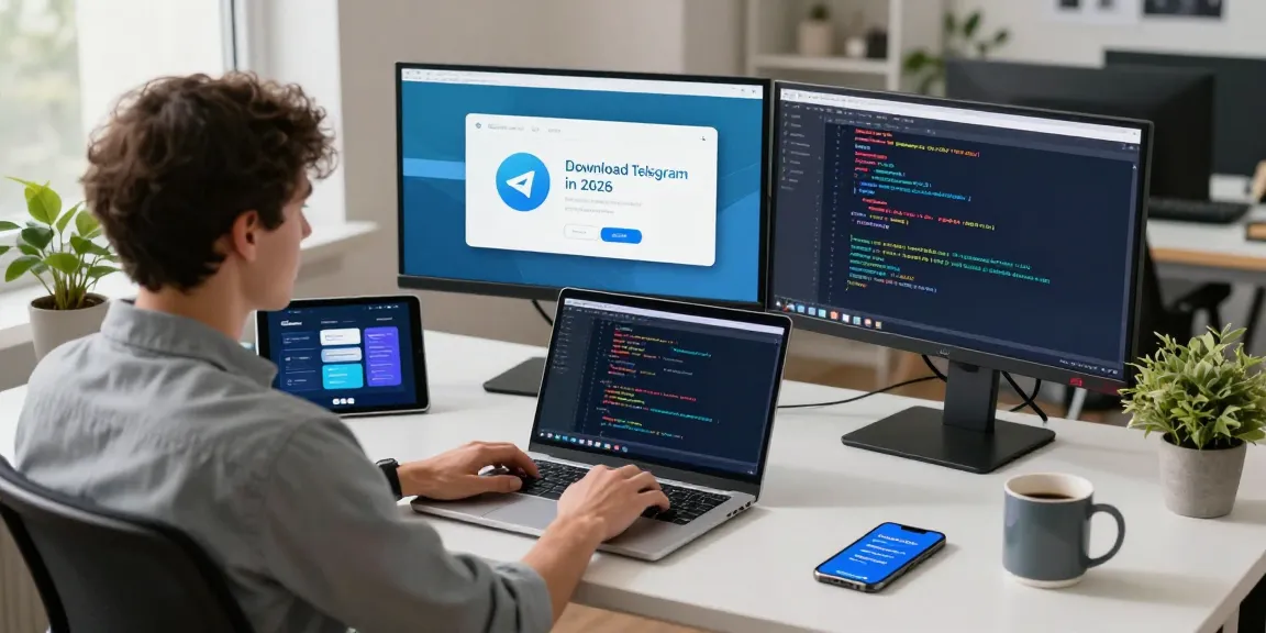Download Telegram interface displayed on dual monitors in a modern tech workspace