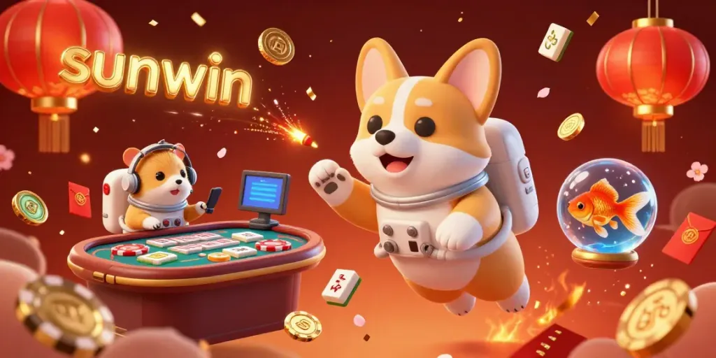 Experience thrilling gaming with sunwin as a corgi astronaut and friends float joyfully in a cosmic casino.