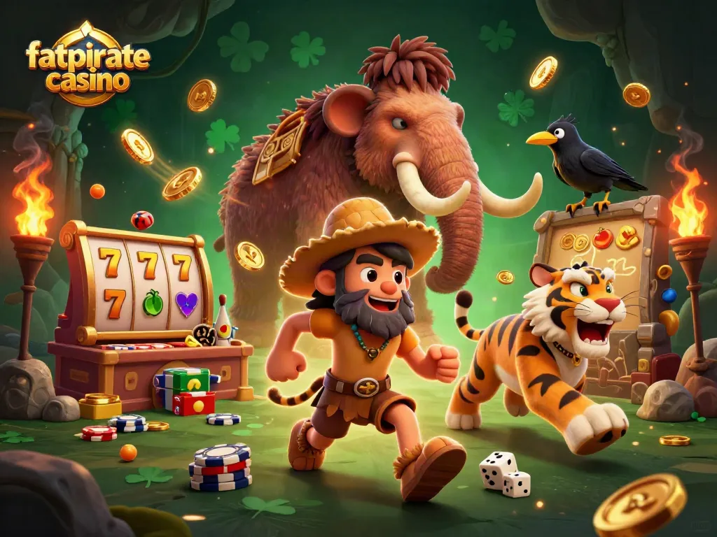 Experience dynamic gaming action at fatpirate casino with a colorful prehistoric theme illustration.
