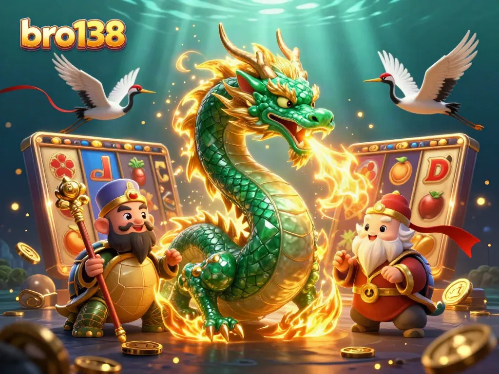 Experience excitement with bro138's dynamic online casino gaming featuring vibrant slot reels and a majestic jade dragon.