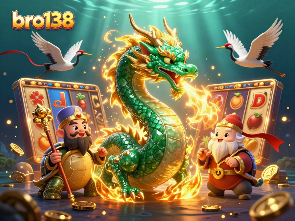 Experience excitement with bro138's dynamic online casino gaming featuring vibrant slot reels and a majestic jade dragon.