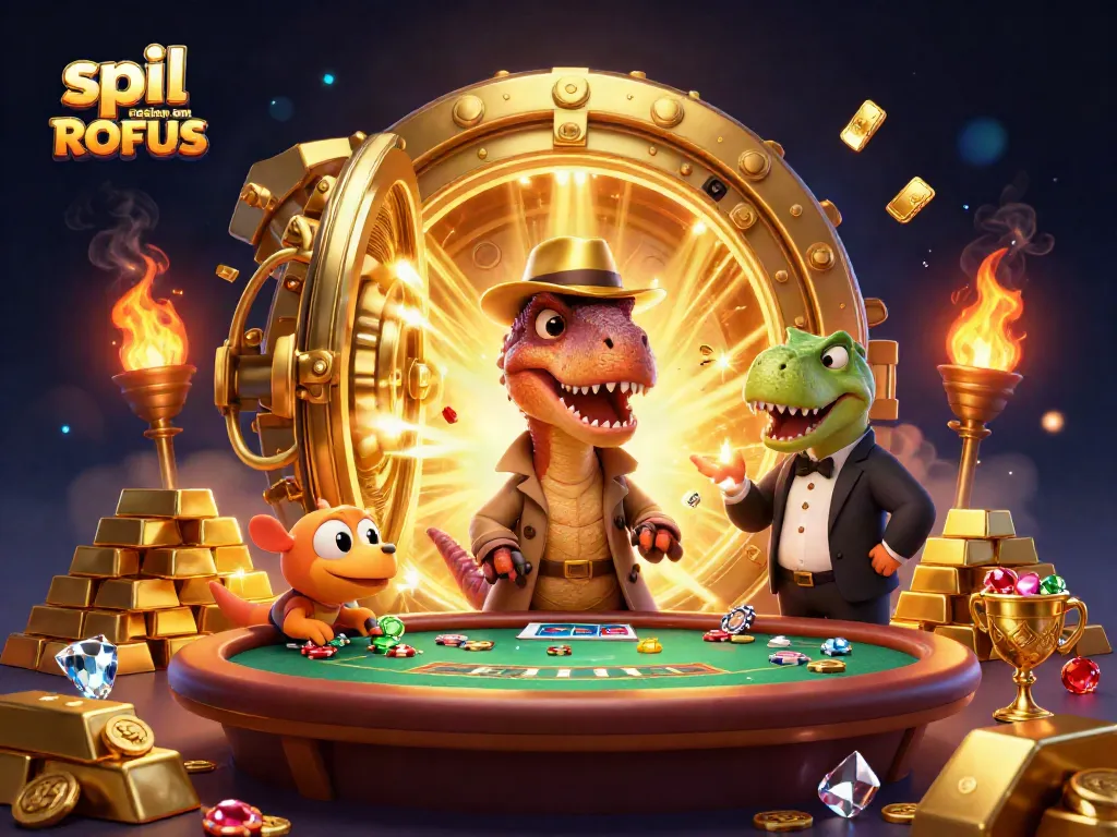 Experience the thrill of spil casino uden om ROFUS with a 3D velociraptor and vibrant casino elements.