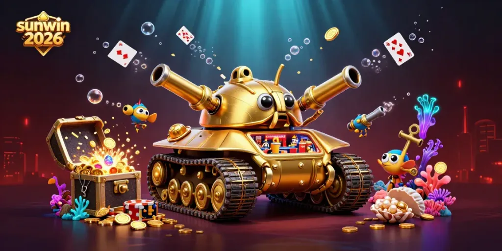 Immerse in the vibrant scene of sunwin 2026 with a golden beetle tank casino, featuring exploding treasure and playful cards.