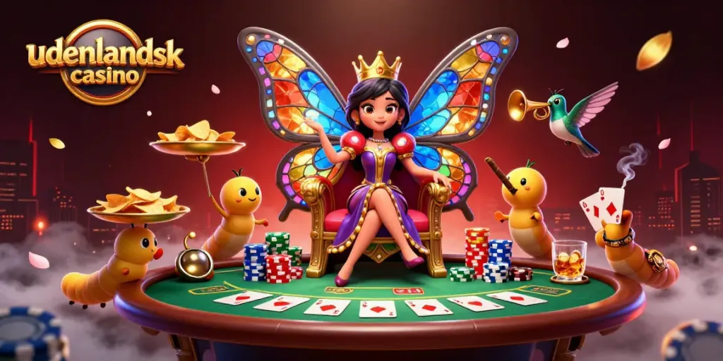 Engage in exciting udenlandsk casino gameplay featuring a butterfly queen surrounded by colorful poker elements.
