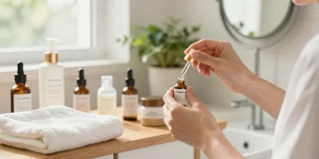 Toepassing van de Dr. Melaxin Peel Shot tijdens een huidverzorgingsroutine met een frisse uitstraling in de badkamer.