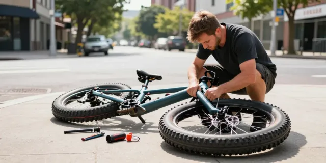 Fatbike reparatie op locatie door ervaren monteurs met gereedschap.