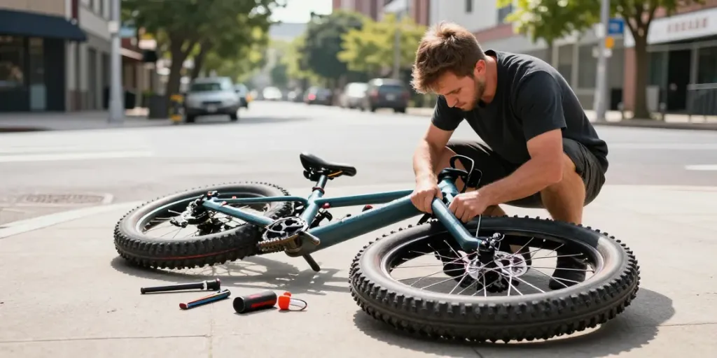 Fatbike reparatie op locatie door ervaren monteurs met gereedschap.