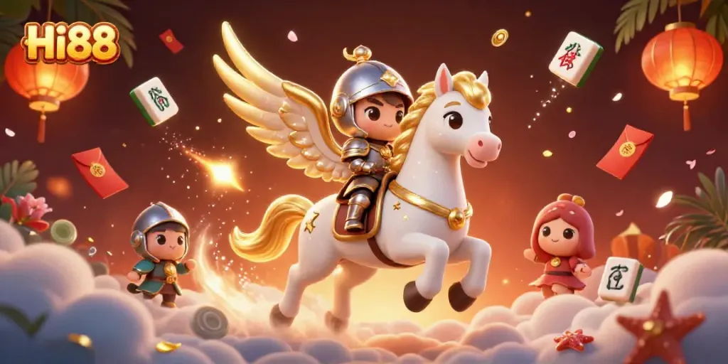 Experience exhilarating gaming thrills at Hi88 with a celestial horse and knight amidst vibrant casino symbols.