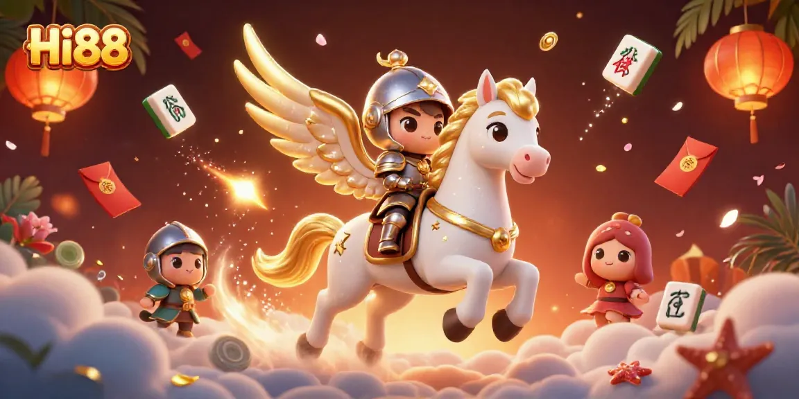 Experience exhilarating gaming thrills at Hi88 with a celestial horse and knight amidst vibrant casino symbols.