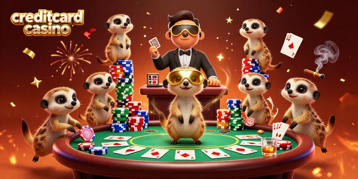 Experience the excitement of a creditcard casino with meerkats at play in a bustling scene.