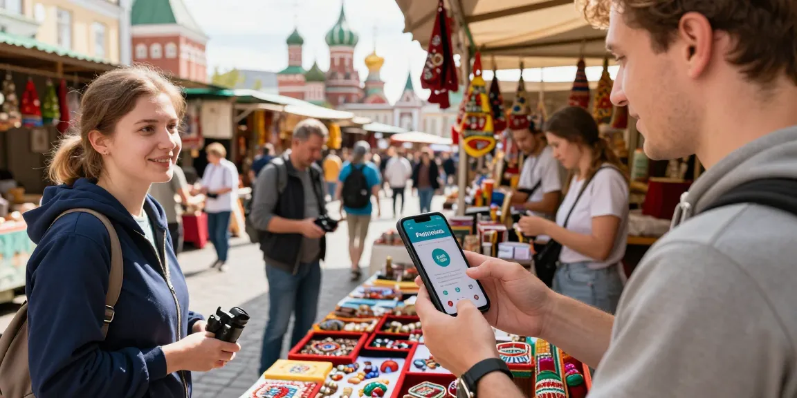 Gebruik van de PayInRussia-app door een toerist op de markt in Rusland.