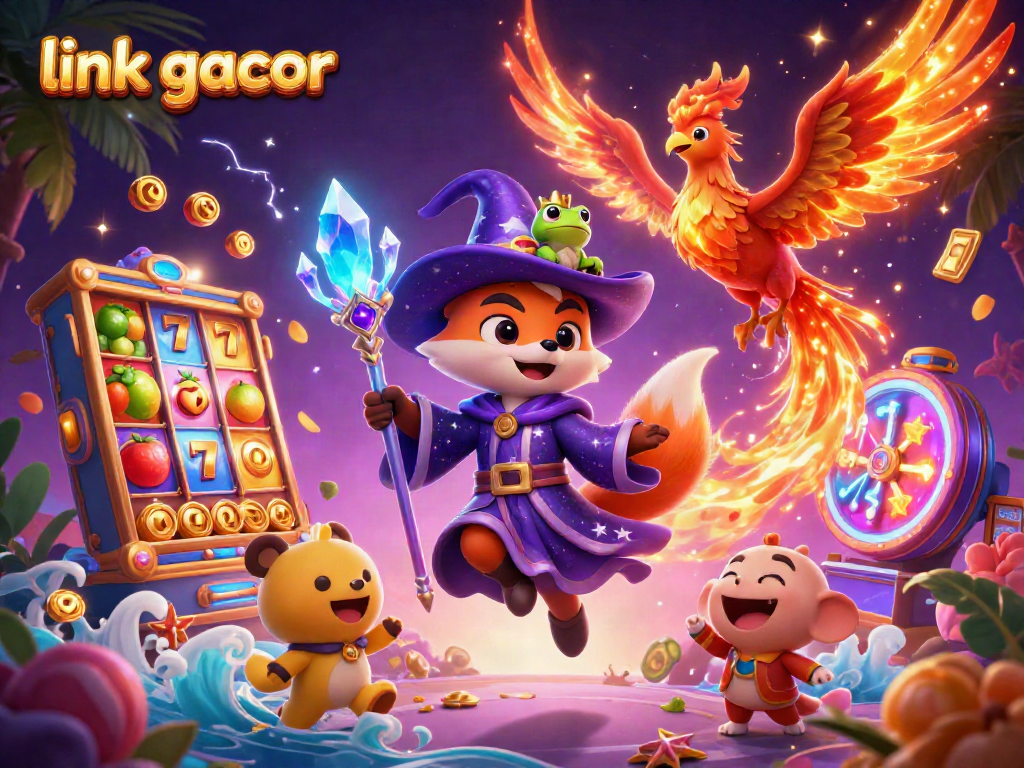 Experience winning with link gacor in a vibrant slot-themed 3D illustration filled with magical characters.