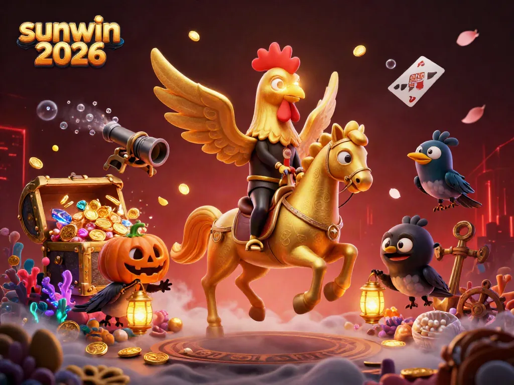 Engage with the vibrant sunwin 2026 casino scene featuring a golden rooster and crow companions amidst a treasure-filled landscape.