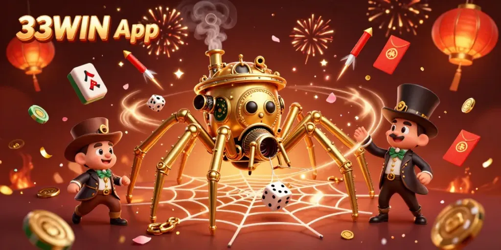 Engage with the 33WIN App showcasing an intricate scene of a steampunk spider capturing dice with festive casino elements.