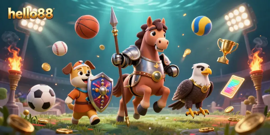 Experience exciting gameplay at hello88 with a vibrant 3D sports-themed illustration showcasing knights and trophies.