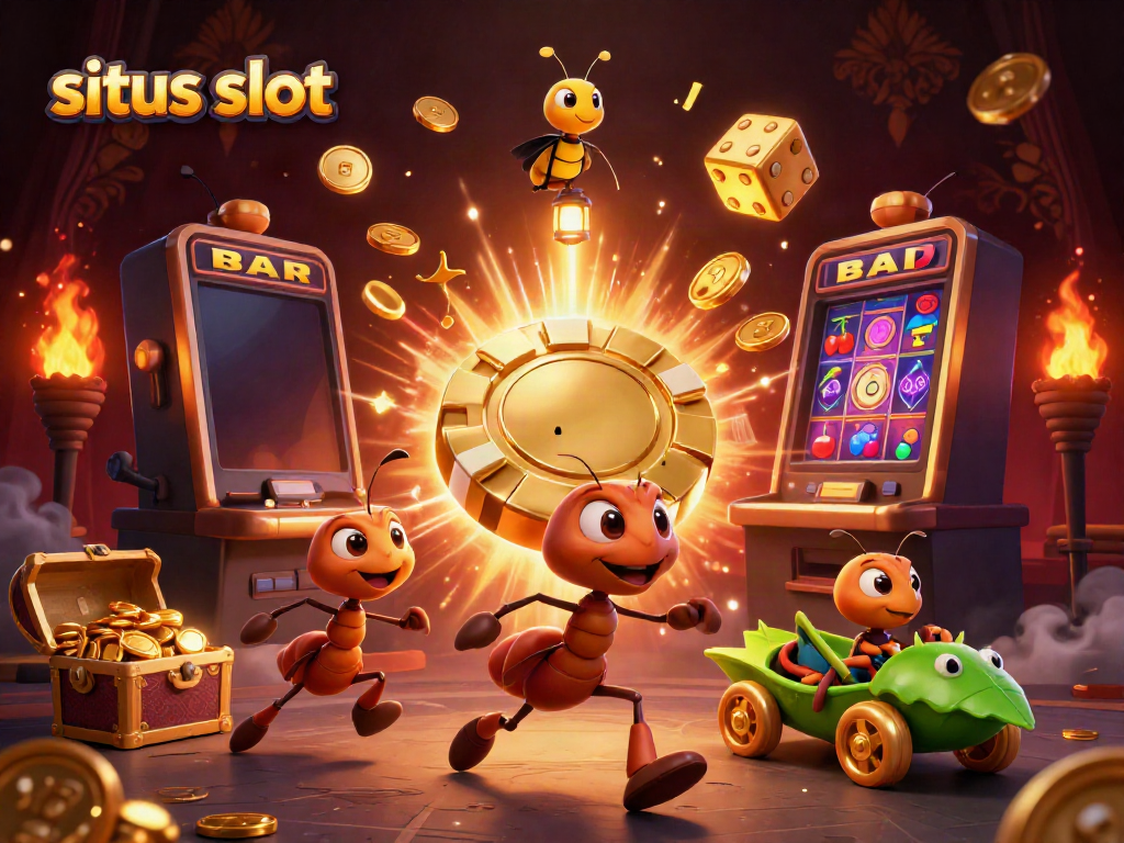 Engaging illustration showcasing a team of ants carrying a giant poker chip in a spirited casino heist, capturing the essence of situs slot excitement.