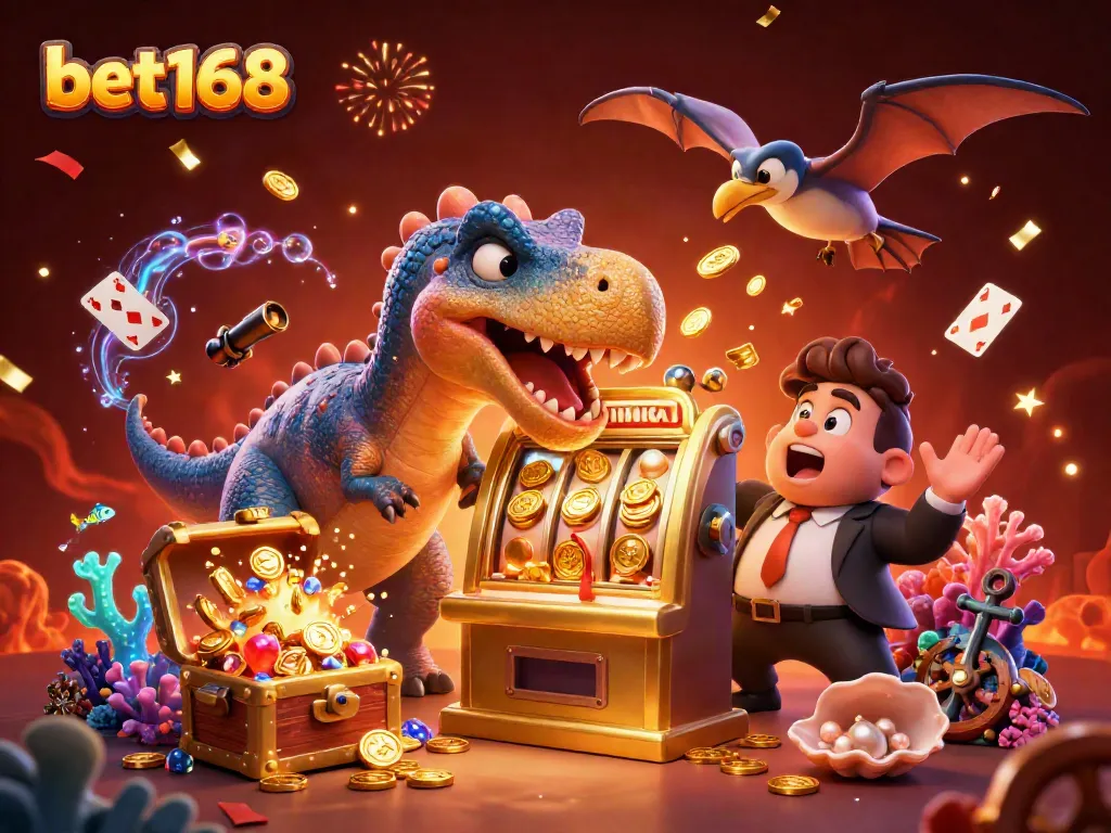bet168 celebrates wins with animated characters and vibrant gambling elements.