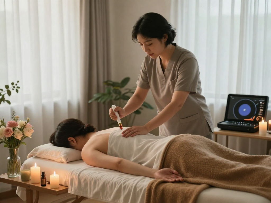 강남출장마사지 in a serene home setting, professional therapist providing relaxation with soothing oils and ambiance.