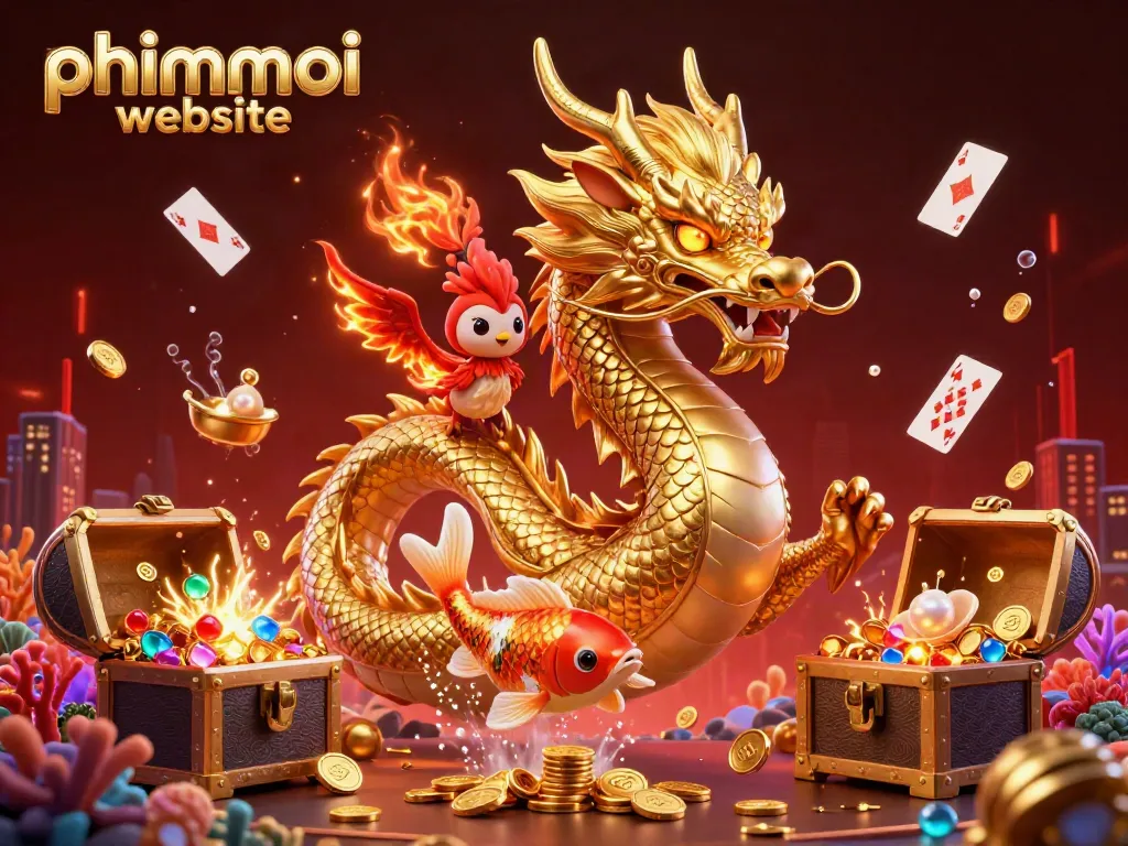 Engaging scene illustrating the phimmoi website featuring a golden dragon, phoenix, and koi fish amidst casino elements.