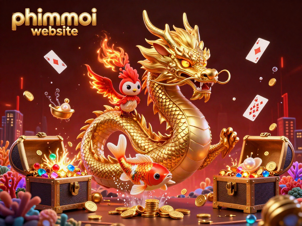 Engaging scene illustrating the phimmoi website featuring a golden dragon, phoenix, and koi fish amidst casino elements.