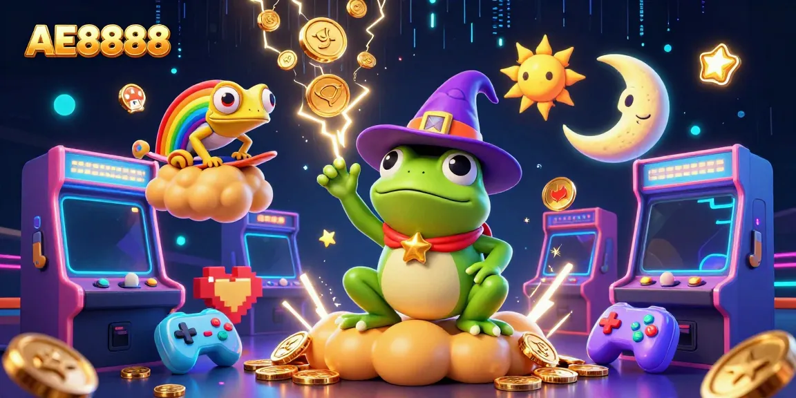 Play exciting games at AE8888, where a wizard frog conjures coins amidst vibrant casino elements.
