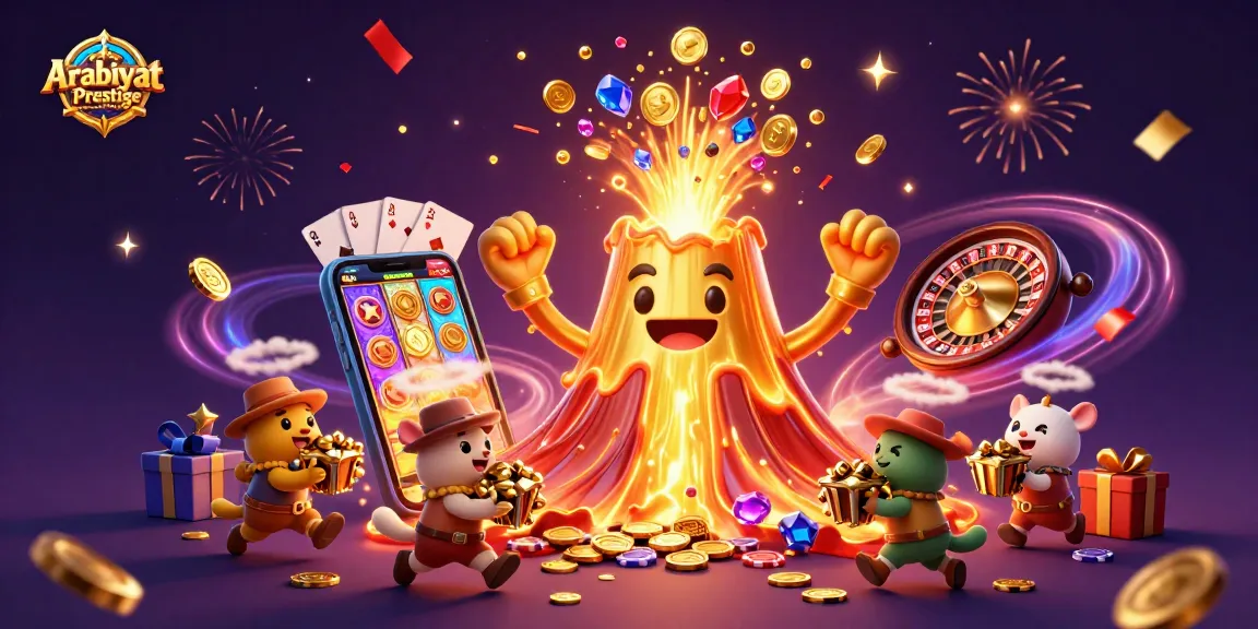 Winning big with Arabiyat Prestige Marwa as coins flow from a golden volcano in a dynamic gaming scene.