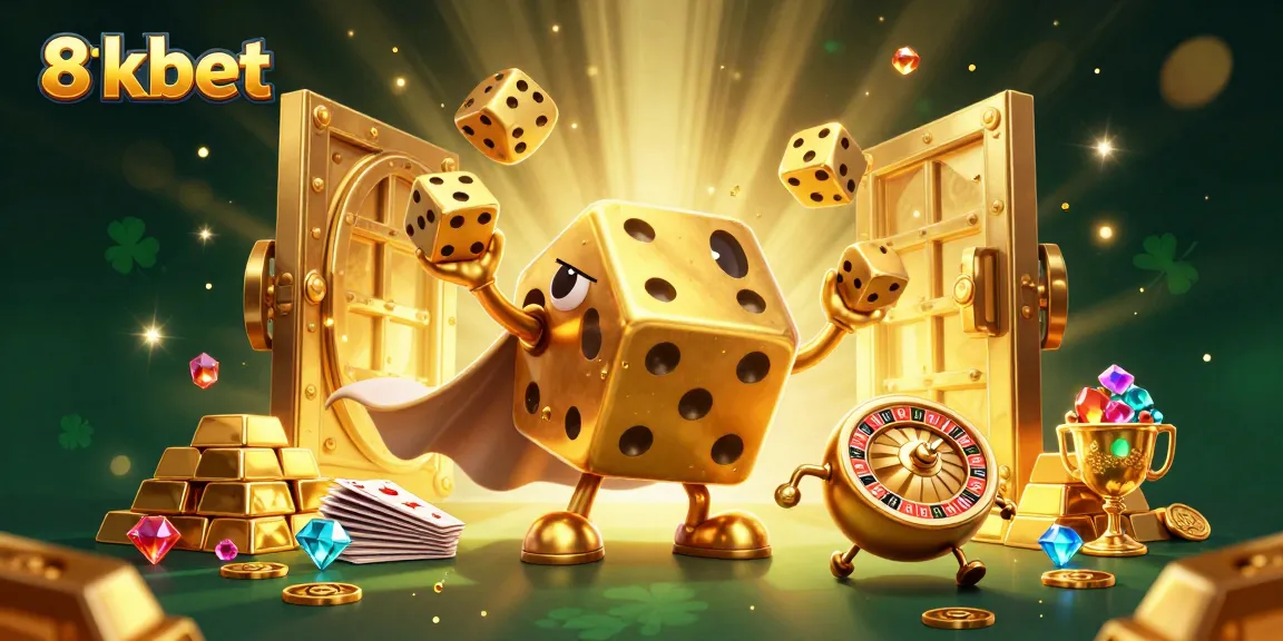 Experience the excitement of 8kbet with golden dice and treasure in a vibrant 3D casino scene.