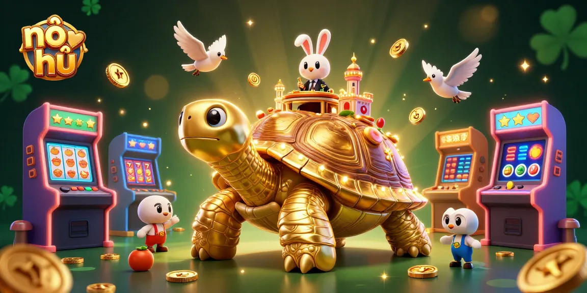 Experience exciting nổ hũ at a vibrant casino scene with golden tortoise, rabbit dealer, and coins.