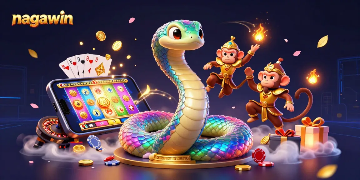 Play exciting games and win with nagawin’s vibrant casino scene featuring a rainbow serpent and playful characters.