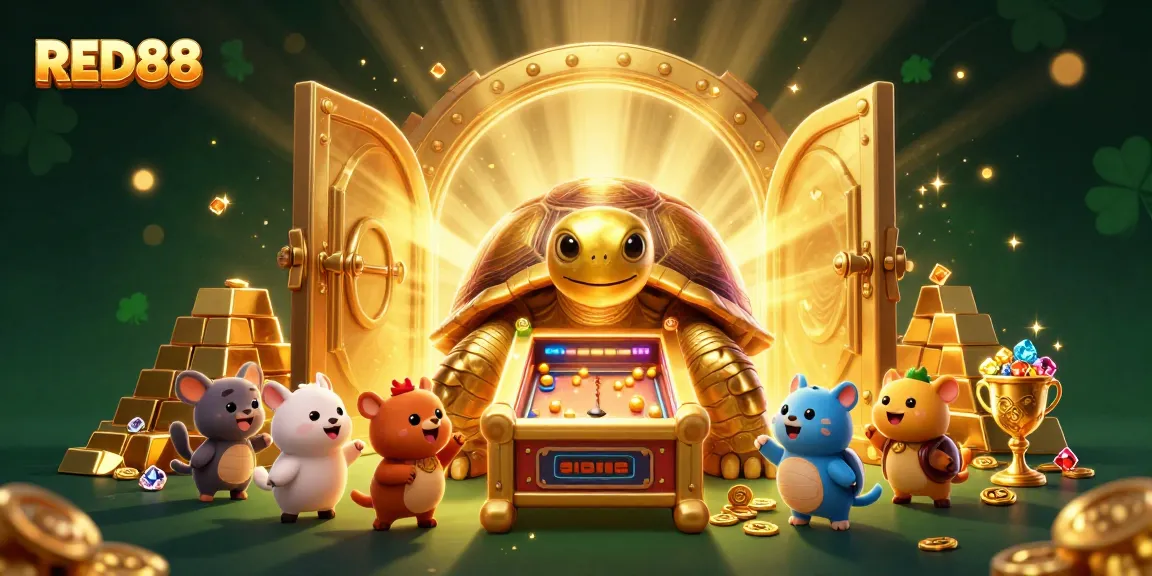 Spin to win at RED88: a vibrant scene with a colossal tortoise and dazzling treasures celebrating luck!