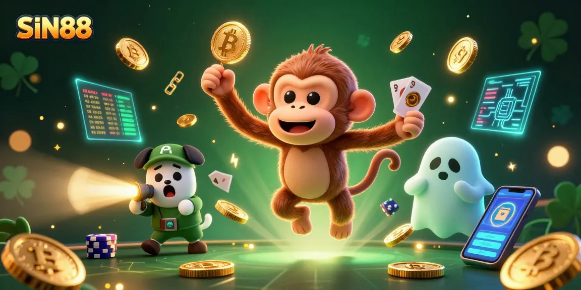 Engage with SIN88's thrilling atmosphere through an adventurous 3D illustration featuring a mischievous monkey juggling coins in a haunted casino.