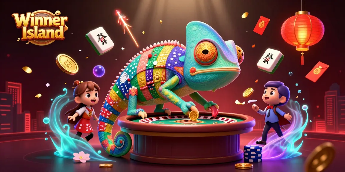 Experience the thrill of gambling at Winner Island with vibrant casino-themed elements and characters.