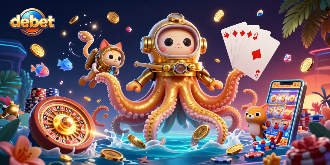 Experience debet's thrilling ocean adventure with a kraken and diving cat amidst casino riches and excitement.