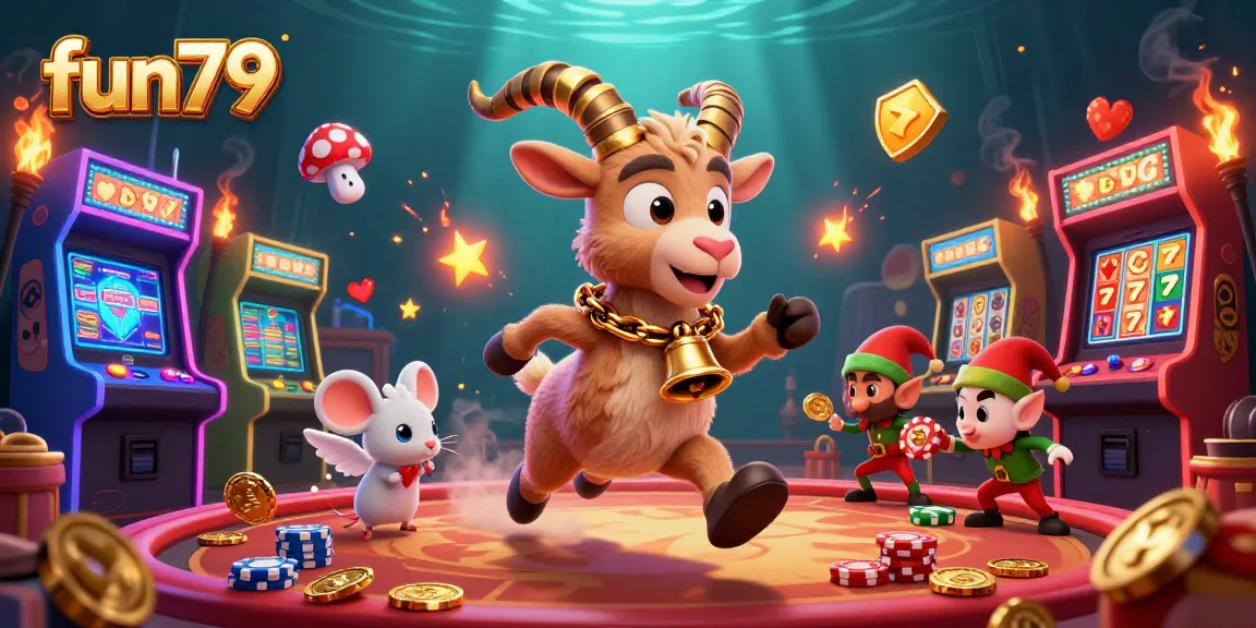 Play and win big at fun79's vibrant casino scene with exciting slot machines and animated characters.