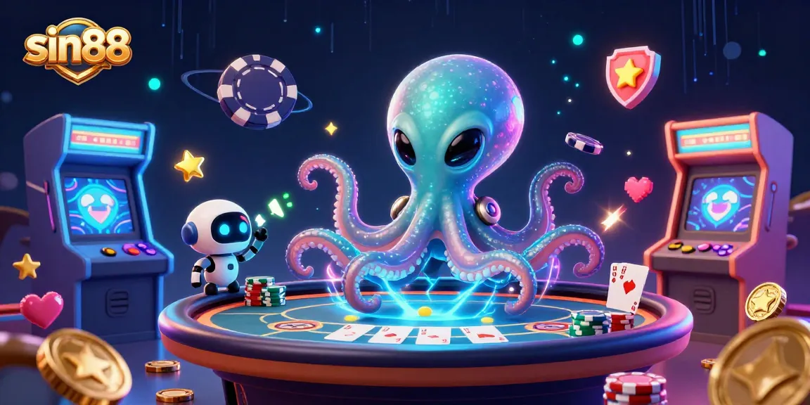 Play poker with sin88's alien octopus dealer at a holographic table filled with action.