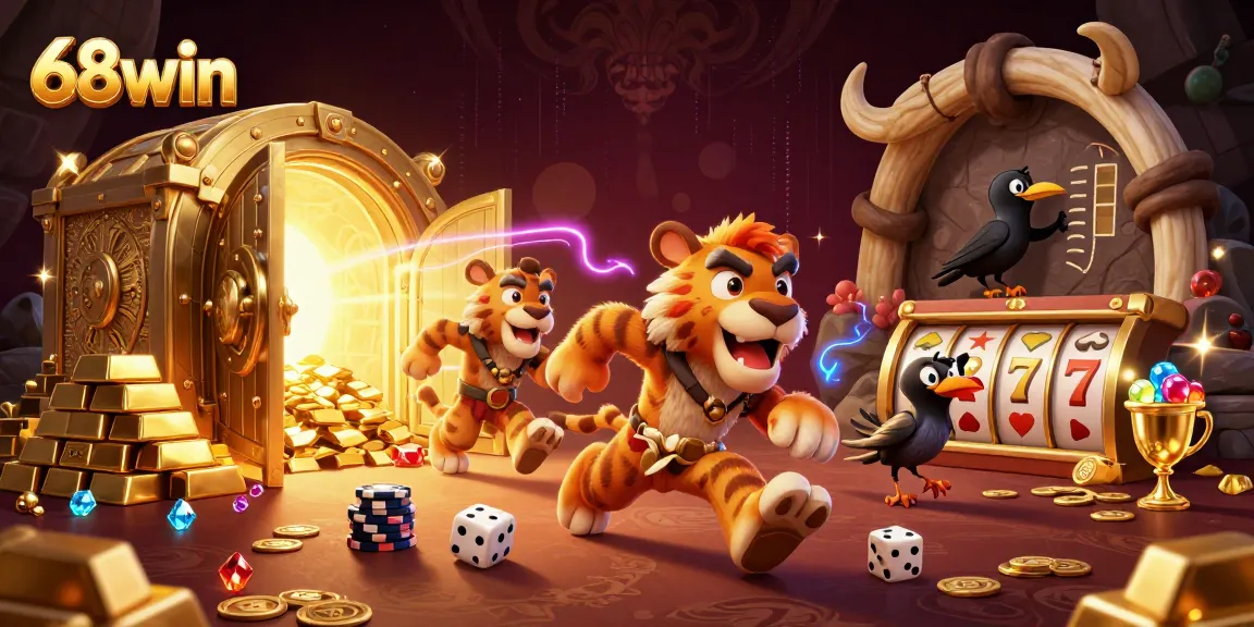68win interactive casino scene with historic characters and vibrant treasures, immersing players in gaming excitement