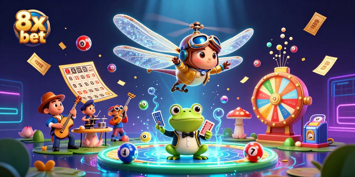 Experience excitement with 8x bet in this lively scene featuring a dragonfly pilot and frog dealer.
